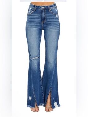 RISEN NWT 24 High-Rise Distressed Split-Hem Flared Stretch denim Jeans